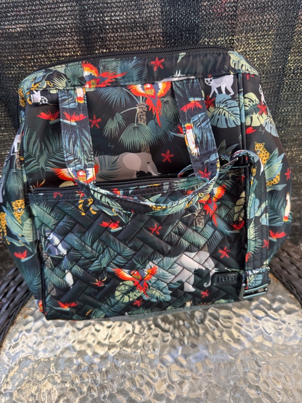 lug Quilted Black Tote with Tropical Parrot & Jungle Print